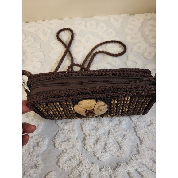 Handmade Brown Crochet Coconut Shell Beaded Flower Small Crossbody Bag Resort - Picture 3 of 7